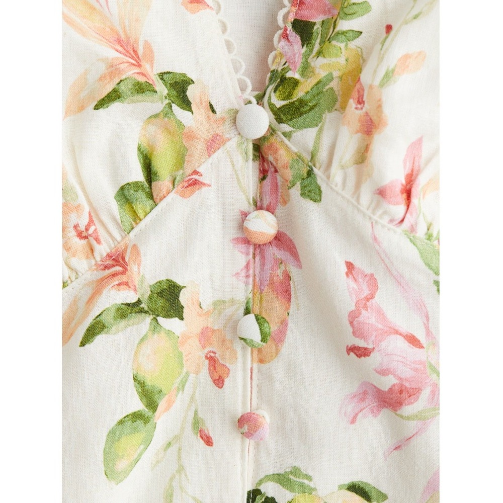 H&M Linen Blend Floral Citrus Puff Sleeve Button Front Mini Dress Cream XL - Picture 4 of 13
